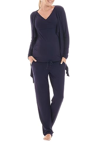 Herzmutter Stillpyjama-Set - 3-teilig - Umstands-Pyjama für Damen - Schwangerschafts-Wellness-Set - Hose-Top-Cardigan - 8100 (Dunkelblau, S) von Herzmutter