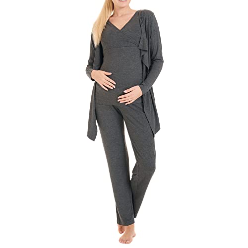 Herzmutter Stillpyjama-Set - 3-teilig - Umstands-Pyjama für Damen - Schwangerschafts-Wellness-Set - Hose-Top-Cardigan - 8100 (Dunkelgrau, L) von Herzmutter