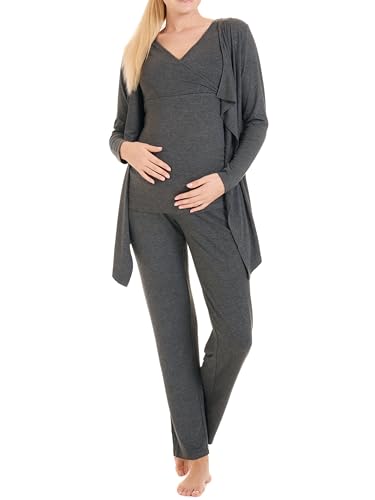 Herzmutter Stillpyjama-Set - 3-teilig - Umstands-Pyjama für Damen - Schwangerschafts-Wochenbett-Set - Hose-Top-Cardigan - 8100 (Dunkelgrau, L) von Herzmutter