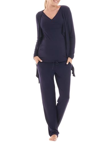 Herzmutter Stillpyjama-Set - 3-teilig - Umstands-Pyjama für Damen - Schwangerschafts-Wochenbett-Set - Hose-Top-Cardigan - 8100 (Dunkelblau, M) von Herzmutter
