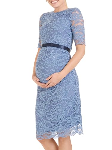 Herzmutter Umstandskleid festlich - Schwangerschaftskleid mit Spitze - Elegant - Hochzeit - besondere Anlässe - Kurzarm - 6200 (XL, Grau-Blau) von Herzmutter