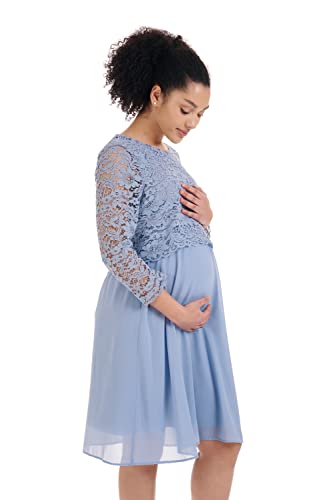 Herzmutter Umstandskleid festlich - Hochzeitsgast - Schwangerschaftskleid aus Chiffon-Spitze - für Anlässe-Feier - Elegant-Knielang-Langarm - Blau-Rosé - 6400 (M, Hellblau) von Herzmutter