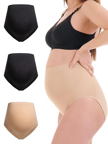 Herzmutter Umstandsslips nahtlos - OekoTex 100-2er & 3er Set - Schwangerschafts Unterhose - Überbauch - Unterwäsche - Seamless-Stützend - 5830 (XL-XXL, Schwarz/Schwarz/Beige) von Herzmutter