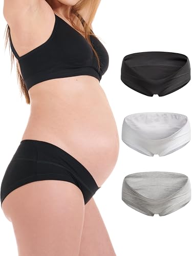 Herzmutter Umstandsslip Baumwolle - kein Einschneiden - OekoTex 100 - doppellagige Verarbeitung - Schwangerschaft Unterwäsche für Damen - 1er & 3er-Set - 5730 (Schwarz/Weiß/Grau, L) von Herzmutter