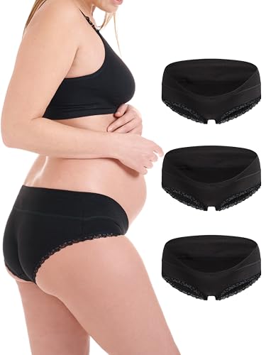 Herzmutter Umstandsslip Baumwolle - kein Einschneiden - OekoTex 100 - doppellagige Verarbeitung - Schwangerschaft Unterwäsche für Damen - 1er & 3er-Set - 5730 (Schwarz Spitze, XXL, 3X) von Herzmutter