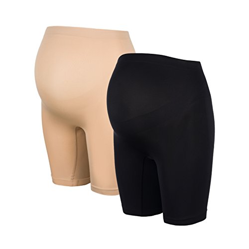 Herzmutter Umstandsslip - Langes Bein - Schwangerschaftsslip - Überbauch-Shorts - Nahtlos-Seamless-Stützend- 1er & 2er-Set - 5520 (L-XL, Schwarz/Beige) von Herzmutter