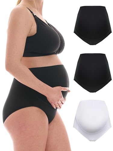 Herzmutter Umstandsslips Baumwolle - OekoTex 100 - Überbauch Unterhose - Überbauch - Schwangerschafts-Unterwäsche - Hohe Taille - 1er & 3er-Set - 5130 (M, Schwarz/Schwarz/Weiß) von Herzmutter