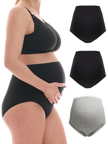Herzmutter Umstandsslips Baumwolle - OekoTex 100 - Überbauch Unterhose - Überbauch - Schwangerschafts-Unterwäsche - Hohe Taille - 1er & 3er-Set - 5130 (S, Schwarz/Schwarz/Grau) von Herzmutter