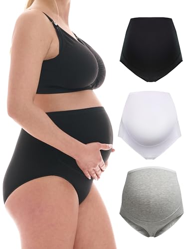Herzmutter Umstandsslips Baumwolle - OekoTex 100 - Überbauch Unterhose - Überbauch - Schwangerschafts-Unterwäsche - Hohe Taille - 1er & 3er-Set - 5130 (S, Schwarz/Weiß/Grau) von Herzmutter