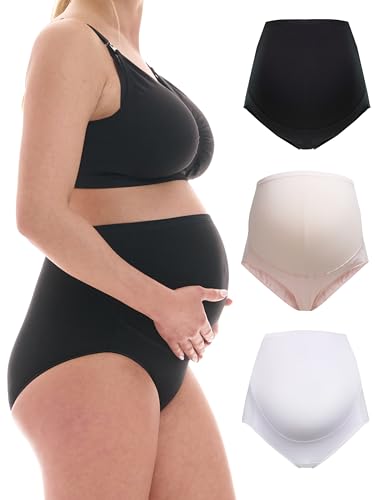 Herzmutter Umstandsslips Baumwolle - OekoTex 100 - Überbauch Unterhose - Überbauch - Schwangerschafts-Unterwäsche - Hohe Taille - 1er & 3er-Set - 5130 (XL, Schwarz/Weiß/Rosa) von Herzmutter