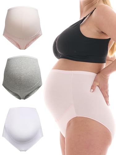 Herzmutter Umstandsslips Baumwolle - OekoTex 100 - Überbauch Unterhose - Überbauch - Schwangerschafts-Unterwäsche - Hohe Taille - 1er & 3er-Set - 5130 (XXL, Rosa/Weiß/Grau) von Herzmutter