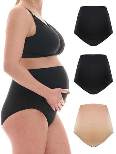 Herzmutter Umstandsslips Baumwolle - OekoTex 100 - Überbauch Unterhose - Überbauch - Schwangerschafts-Unterwäsche - Hohe Taille - 1er & 3er-Set - 5130 (XXL, Schwarz/Schwarz/Beige) von Herzmutter