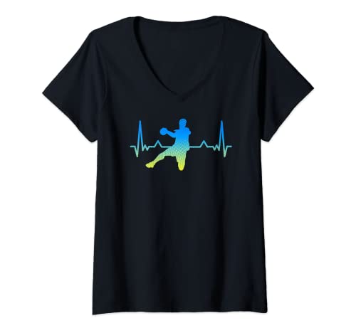 Damen Handballspieler Geschenk EKG Herzschlag Handball T-Shirt mit V-Ausschnitt von Herzschlag Handball Geschenk Handballer