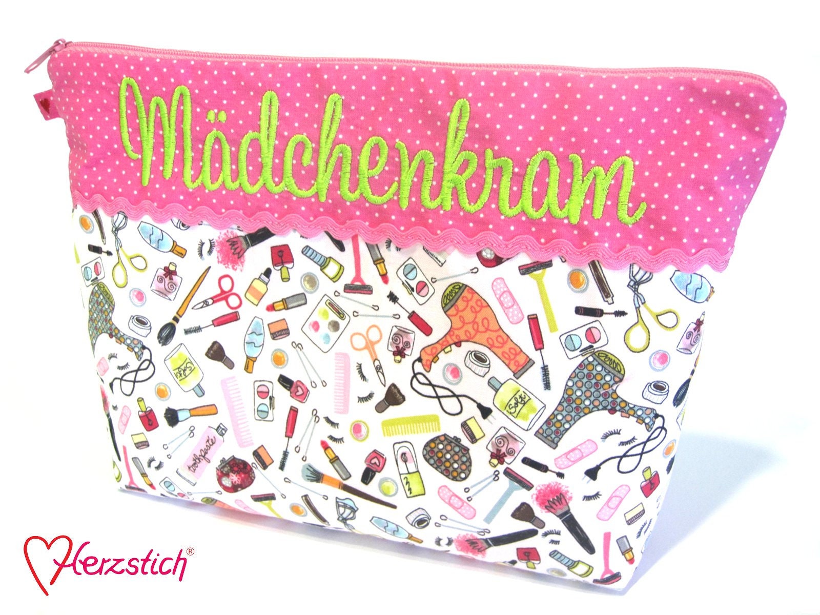 Kulturtasche "Mädchenkram" Pink/Grün Kulturtasche "Mädchenkram" Pink/Grün von Herzstich