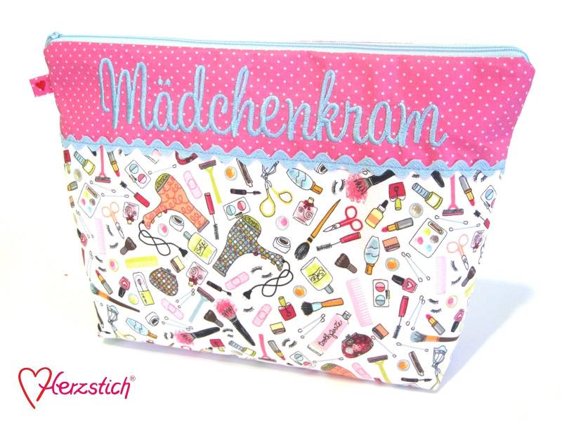 Kulturtasche "Mädchenkram" Pink/Hellblau Kulturtasche "Mädchenkram" Pink/Hellblau von Herzstich
