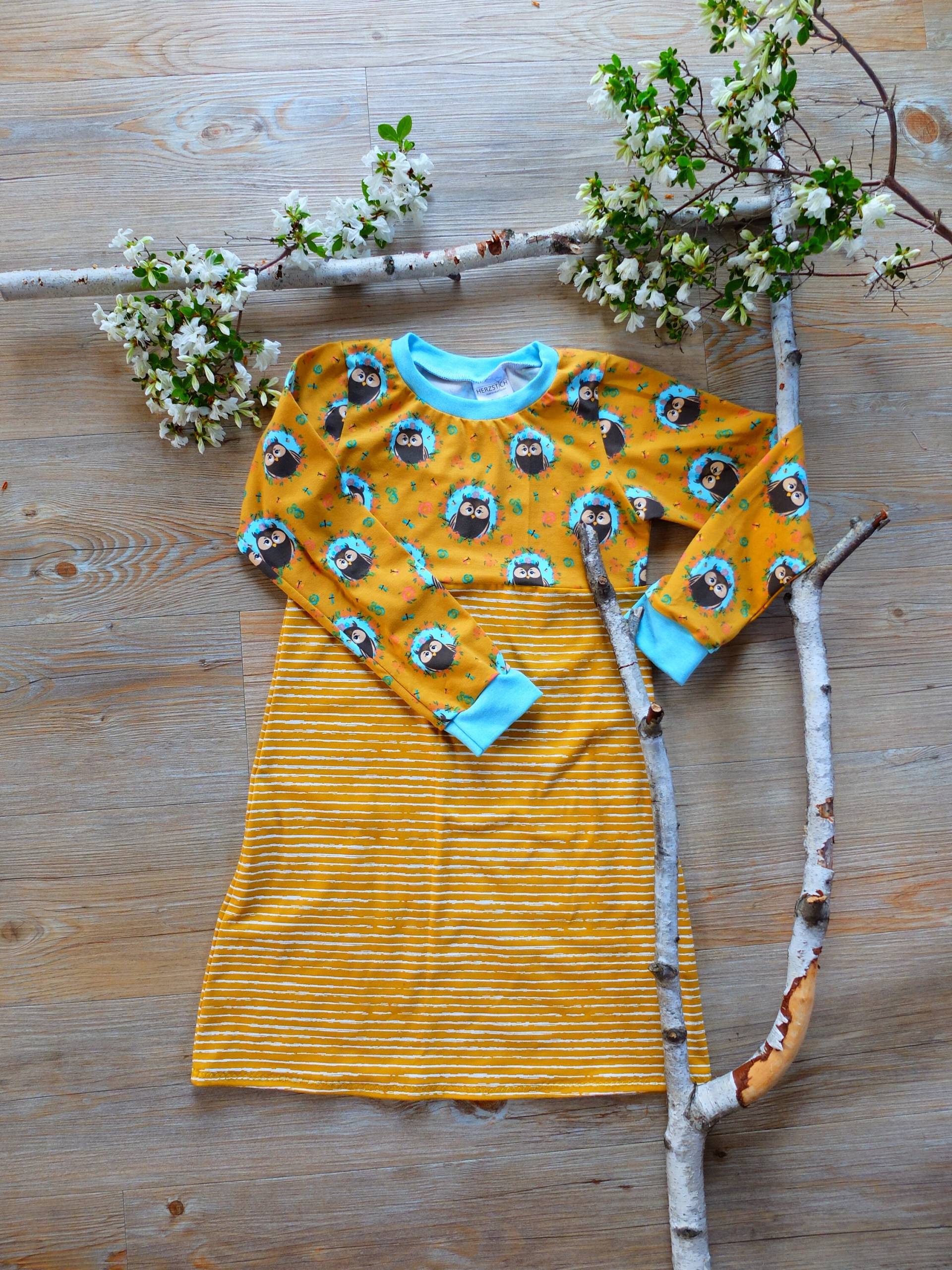 Größe 116, Mädchenkleid, Eulen Und Streifen, Gelb/Hellblau, Jersey von HerzstichKreationen
