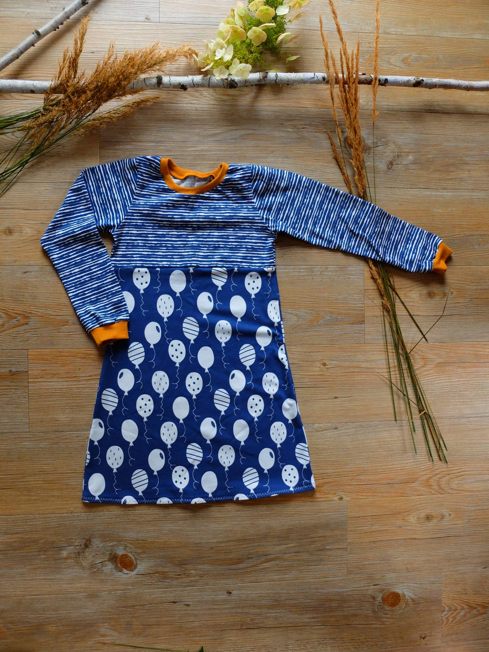 Größe 122, Mädchenkleid, Streifen Und Ballons, Blau/Weiß, Jersey von HerzstichKreationen