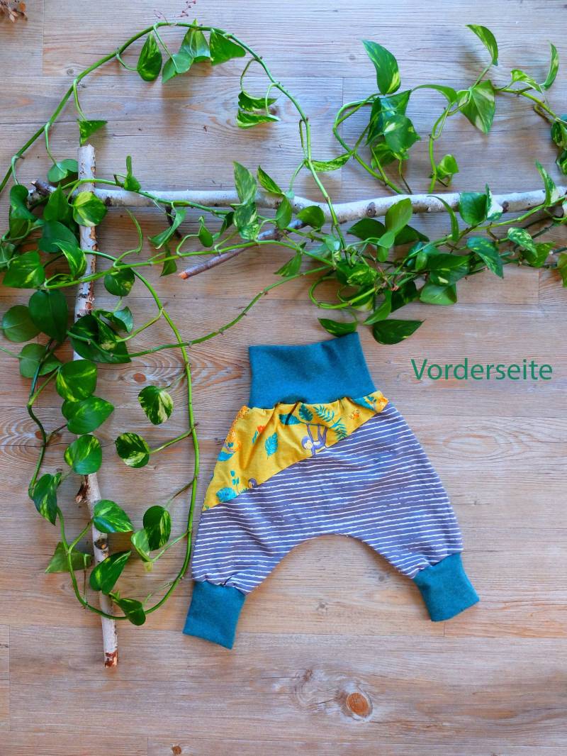 Größe 68 - 74, Kinderpumphose, Gelb/Grün/Grau, Affen Und Streifen, Jersey, Jungs, Mädchen von HerzstichKreationen