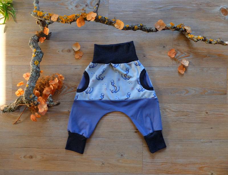 Größe 80 - 86; Kinderpumphose; Anker Und Streifen; Grau/Mintgrün/Blau/Braun; Mädchen; Jungs; Jersey von HerzstichKreationen