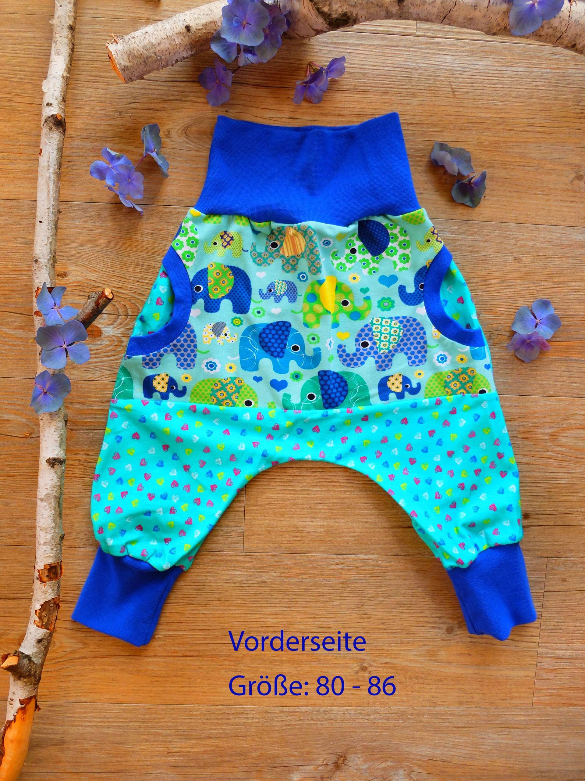 Größe 80 - 86, Kinderpumphose, Elefanten Und Herzen, Grün/Blau/Gelb, Jersey, Jungs, Mädchen von HerzstichKreationen