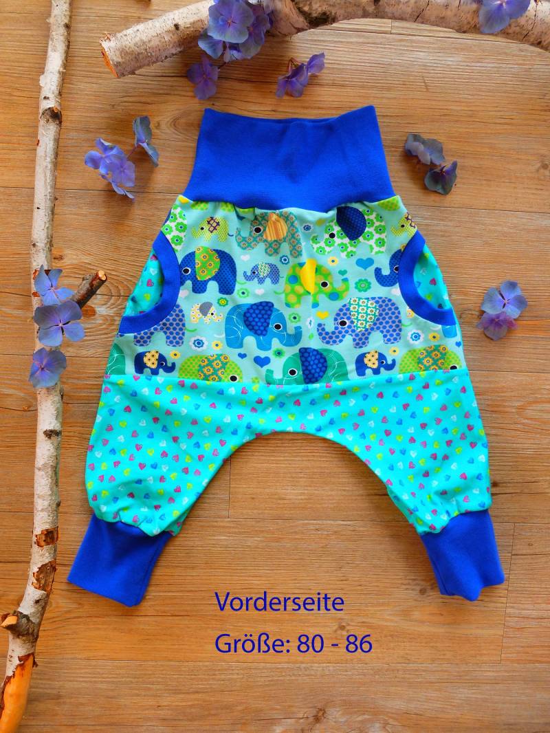 Größe 80 - 86, Kinderpumphose, Elefanten Und Herzen, Grün/Blau/Gelb, Jersey, Jungs, Mädchen von HerzstichKreationen