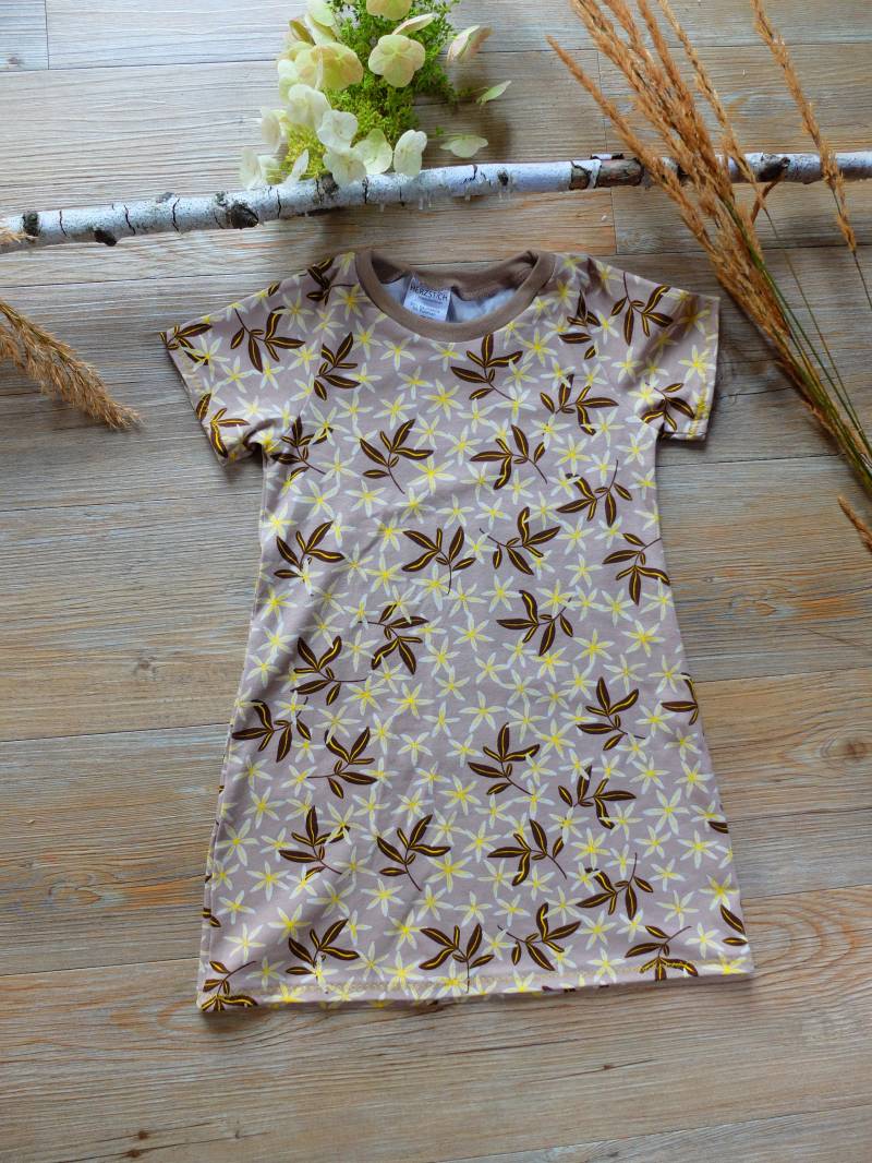 Größe 92, Mädchenkleid, Blütenblätter, Gelb/Braun/Beige, Jersey von HerzstichKreationen