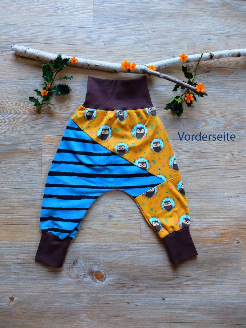 Größe 92 - 98, Kinderpumphose, Eulen Und Streifen, Blau/Braun/Senfgelb, Jersey, Mädchen, Jungs von HerzstichKreationen