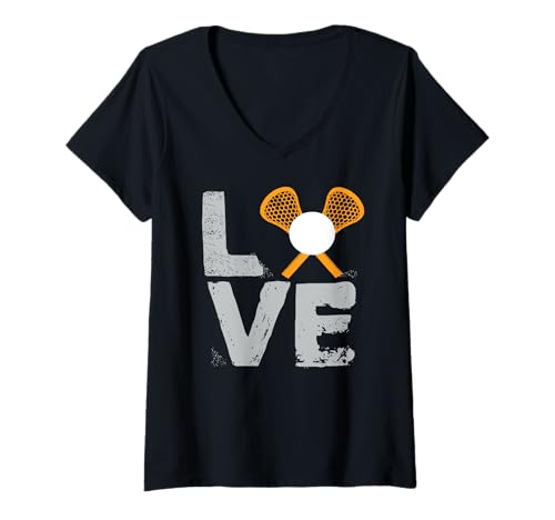 Damen Liebe Lacrosse Sticks Ball Minimal Sport Fan T-Shirt mit V-Ausschnitt Damen Liebe Lacrosse Sticks Ball Minimal Sport Fan T-Shirt mit V-Ausschnitt von Herzstück Spieler Symbol Sportler Freude