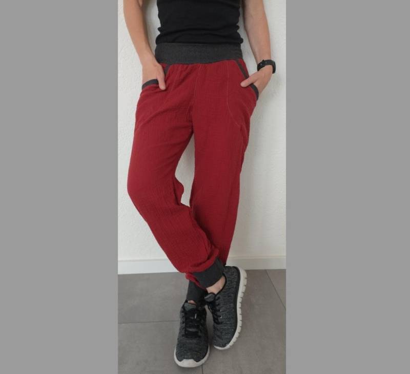 Weinrote Rote Bordeauxfarbene Musselinhose Herz Und Karo Damen Gr 36 - 46 Lang 3/4 Kurz Mit/Ohne Taschen Muselin Pumphose Haremshose Kinder von HerzundKaro