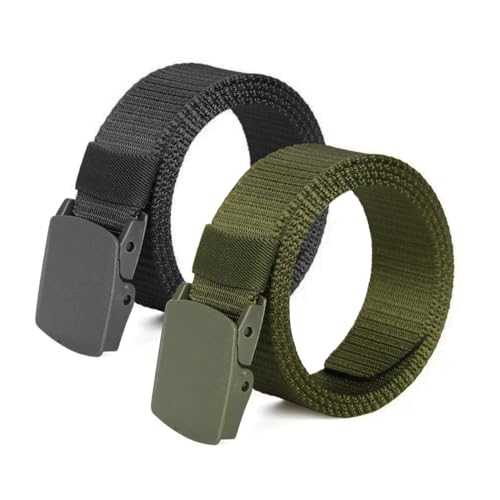Heshebuy 2 Stück Gürtel Herren Arbeitsgürtel Ohne Löcher Stoffgürtel Stufenlos Verstellbar Nylon Belt mit Kunststoff Schnalle (Schwarz + Armeegrün) von Heshebuy