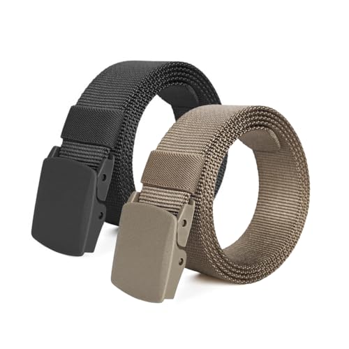 Heshebuy 2 Stück Gürtel Herren Arbeitsgürtel Ohne Löcher Stoffgürtel Stufenlos Verstellbar Nylon Belt mit Kunststoff Schnalle (Schwarz + Beige) von Heshebuy