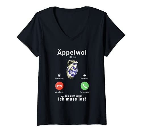Damen Äppelwoi ruft an! Ich muss los! Apfelwein Bembel Krug T-Shirt mit V-Ausschnitt Damen Äppelwoi ruft an! Ich muss los! Apfelwein Bembel Krug T-Shirt mit V-Ausschnitt von Hessische Apfelweinkrug Bembel Äppler Kleidung
