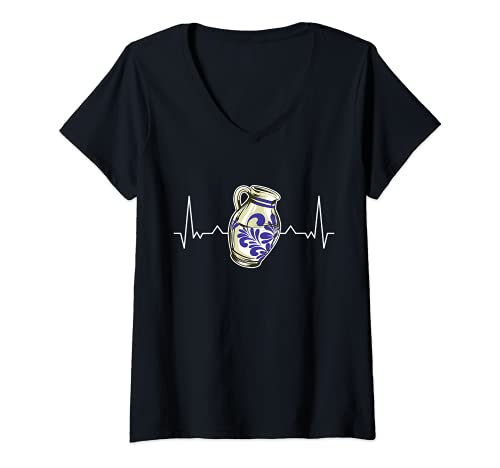 Damen Bembel Herzschlag Apfelwein Bembel Krug Äppelwoi Äppler T-Shirt mit V-Ausschnitt Damen Bembel Herzschlag Apfelwein Bembel Krug Äppelwoi Äppler T-Shirt mit V-Ausschnitt von Hessische Apfelweinkrug Bembel Äppler Kleidung