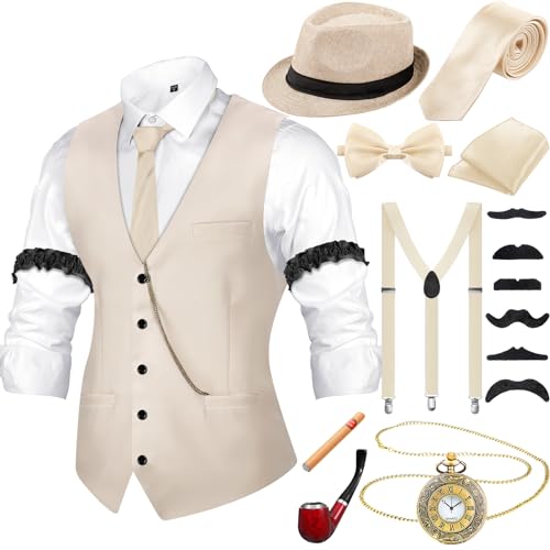 20er Jahre Herren Accessoires mit Weste Fedora Hut Taschenuhr Fliege Krawatte Hosenträger und Requisit (Beige, L) von Hestya