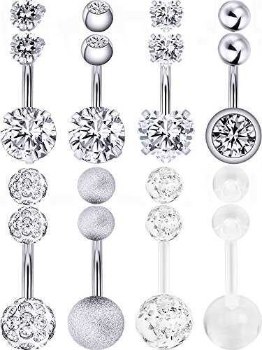 8 Stück Bauchnabelringe, 14 g, für Damen, aus Edelstahl, Hantel, Schmuck, Körper-Piercing, mit 8 Ersatzkugeln (Stahlfarbe), legierter Stahl, Zirkonoxid, Legierter Stahl, Zirkonia von Hestya