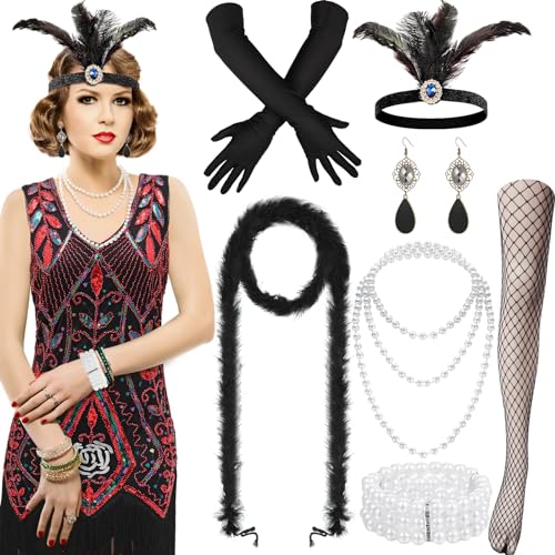 Hestya 1920er Flapper Kleid Damen Kostüm Halloween Vintage Pailletten Fransen mit 20er Accessoires Set (Rot, XL) von Hestya