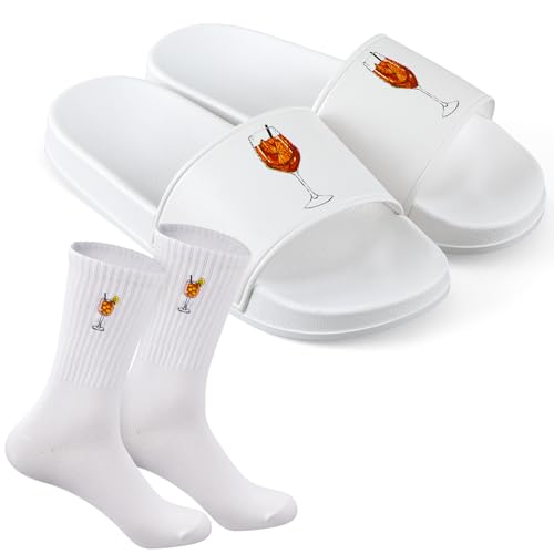 Hestya 2er Set Lustige Geschenke für Frauen Cocktail Geschenke 1 Paar Motiv Badelatschen 1 Paar Motiv Tennissocken Damen Badeschuhe Lustige Schlappen für Cocktailpartys Schwimmbad Hochzeit(EU 40-41) von Hestya