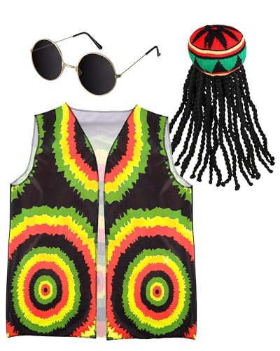 Hestya 3 Stück Halloween Hippie Kostüm Zubehör Hippie Mütze mit Schwarzer Dreadlocks Perücke Unisex Hippie Weste Hippie Brille für Erwachsene Cosplay Party Geschenke(Reggae) von Hestya