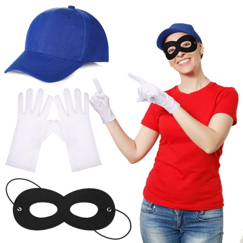 Hestya 3 Stück Panzerknacker Kostüm Karnevalskostüm Set inklusive Hut Brille Handschuhe für Frauen Männer Herren Party Cosplay Zubehör Halloween von Hestya