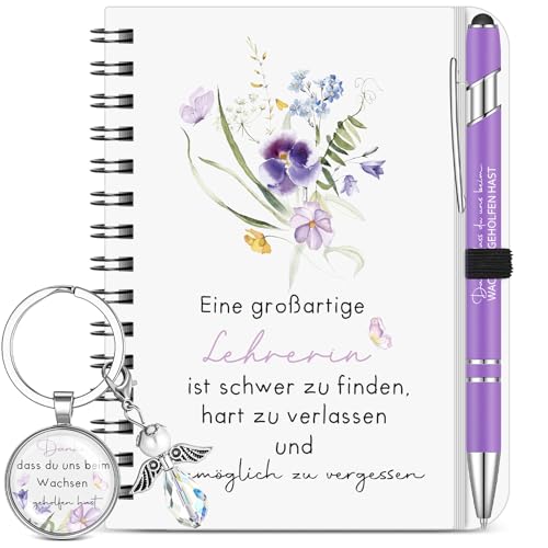 Hestya 3er Set Dankeschön Geschenk für Lehrerin 1 Erzieherin Inspirierend Spirale Notizblock 1 Lila Kugelschreiber mit Danke 1 Engel Schlüsselanhänger für Kita Kindergarten Grundschule Tagesmutter von Hestya