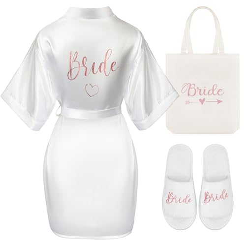 Hestya 3er Set Roségold Braut Präsent Brautparty Geschenke Weißer Satin Bride Morgenmantel Bride Tasche Hausschuhe Braut Geschenk Set für Hochzeit Antrag Spa JGA von Hestya