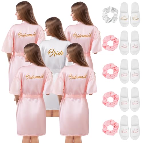 Hestya 5 Set Damen Bademantel für Hochzeit Satin Bride Morgenmantel Brautjungfern Bademantel mit Hausschuhe Haargummi Kimono Set für Brautparty Geschenke Jga Deko von Hestya