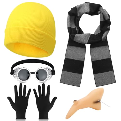 Hestya Karneval Kostüm Set Cosplay Faschingskostüme für Damen Herren Kinder Gelbe Mütze Goggles Brille Handschuhe Schal Nase für Fastnacht Rosenmontag Halloween Lustige Cartoon Figur mit Brillenaugen von Hestya