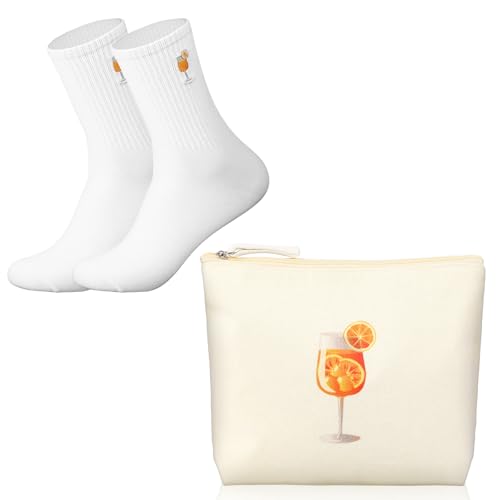 Hestya Aperoll Geschenk Spritze Aperole Kosmetiktasche Kulturtasche Make Up Tasche Aperole Socken 36-42 Socken mit Cocktail Motiv Tennissocken mit Motiv Crew Socks für Damen Herren Geburtstag von Hestya