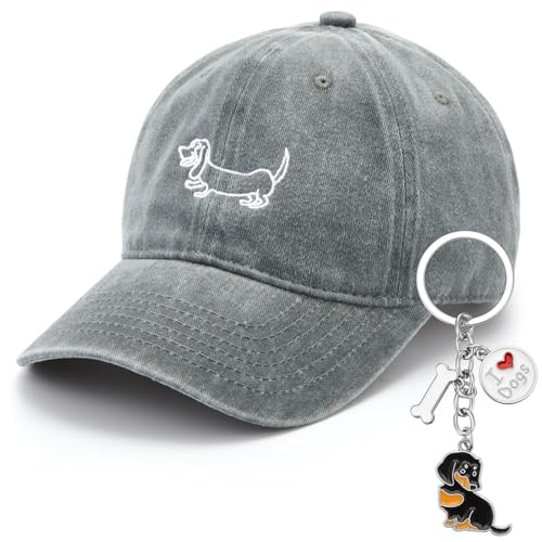 Hestya Geschenke für Dackelbesitzer Dackelgeschenke Dackel Schlüsselanhänger Baseballkappe mit Welpengrafik Liebes Welpen Schlüsselbund Vintage Baseball Hat Unisex Baseballkappe mit Stickerei(Grau) von Hestya