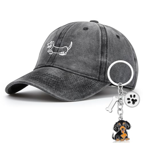 Hestya Geschenke für Dackelbesitzer Dackelgeschenke Dackel Schlüsselanhänger Baseballkappe mit Welpengrafik Liebes Welpen Schlüsselbund Vintage Baseball Hat Unisex Baseballkappe mit Stickerei(Schwarz) von Hestya