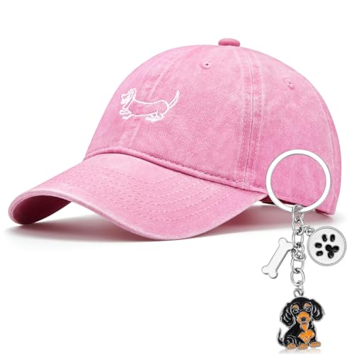 Hestya Geschenke für Dackelbesitzer Dackelgeschenke Dackel Schlüsselanhänger Baseballkappe mit Welpengrafik Liebes Welpen Schlüsselbund Vintage Baseball Hat Unisex Baseballkappe mit Stickerei(Rosa) von Hestya