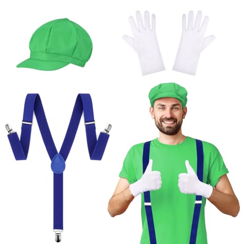 Hestya Karneval Kostüm Set inklusive Achteckig Mütze Hosenträger und Weiße Handschuhe Karneval Cosplay Kostüm Accessorie Outfits Faschingkostüme für Damen Herren(Grün) von Hestya