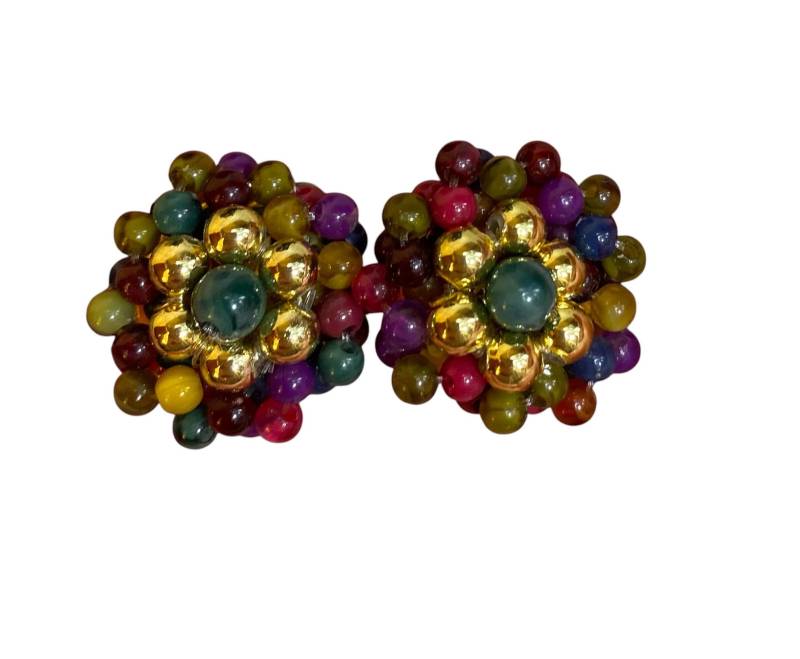 Mid-Century Cluster Ohrringe - Multi Juwel Tönen Mit Goldenem Hexagon von HettiesHatbox