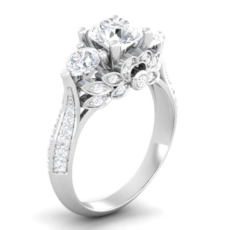 Drei Stein 2.45Ct Weiße Runde Multi Edelstein Handgemachte Party Tragen 925 Sterling Silber Ring, Frauen Fine Jewelry Flower Design Ring von HettyJewel